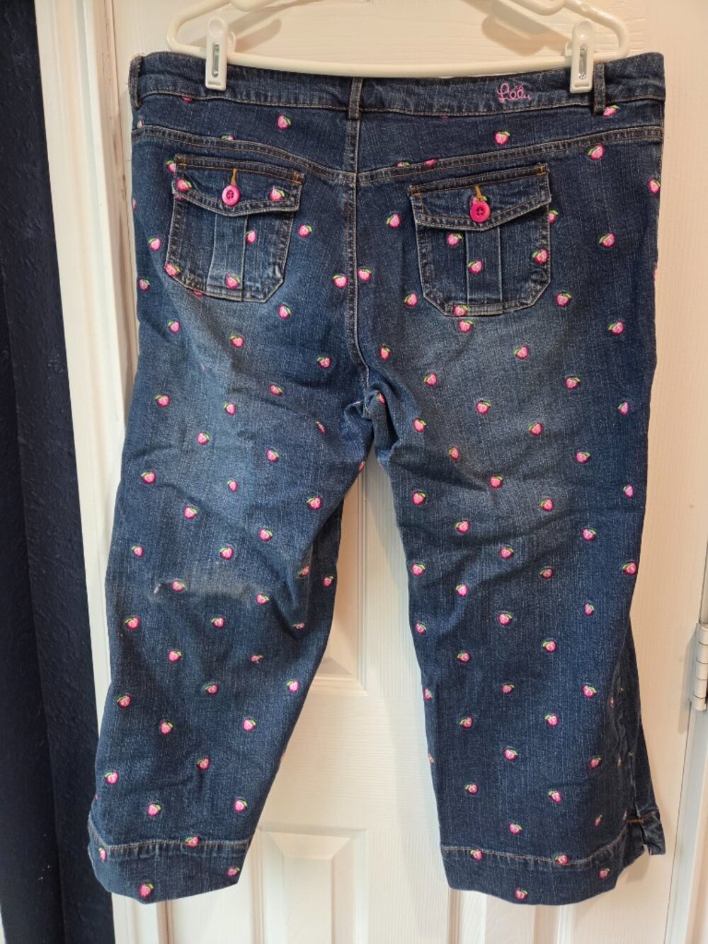Lilly Pulitzer Women's Jeans Size 14 Embroidered Apple Blue Denim Stretch Capris - Picture 5 of 7